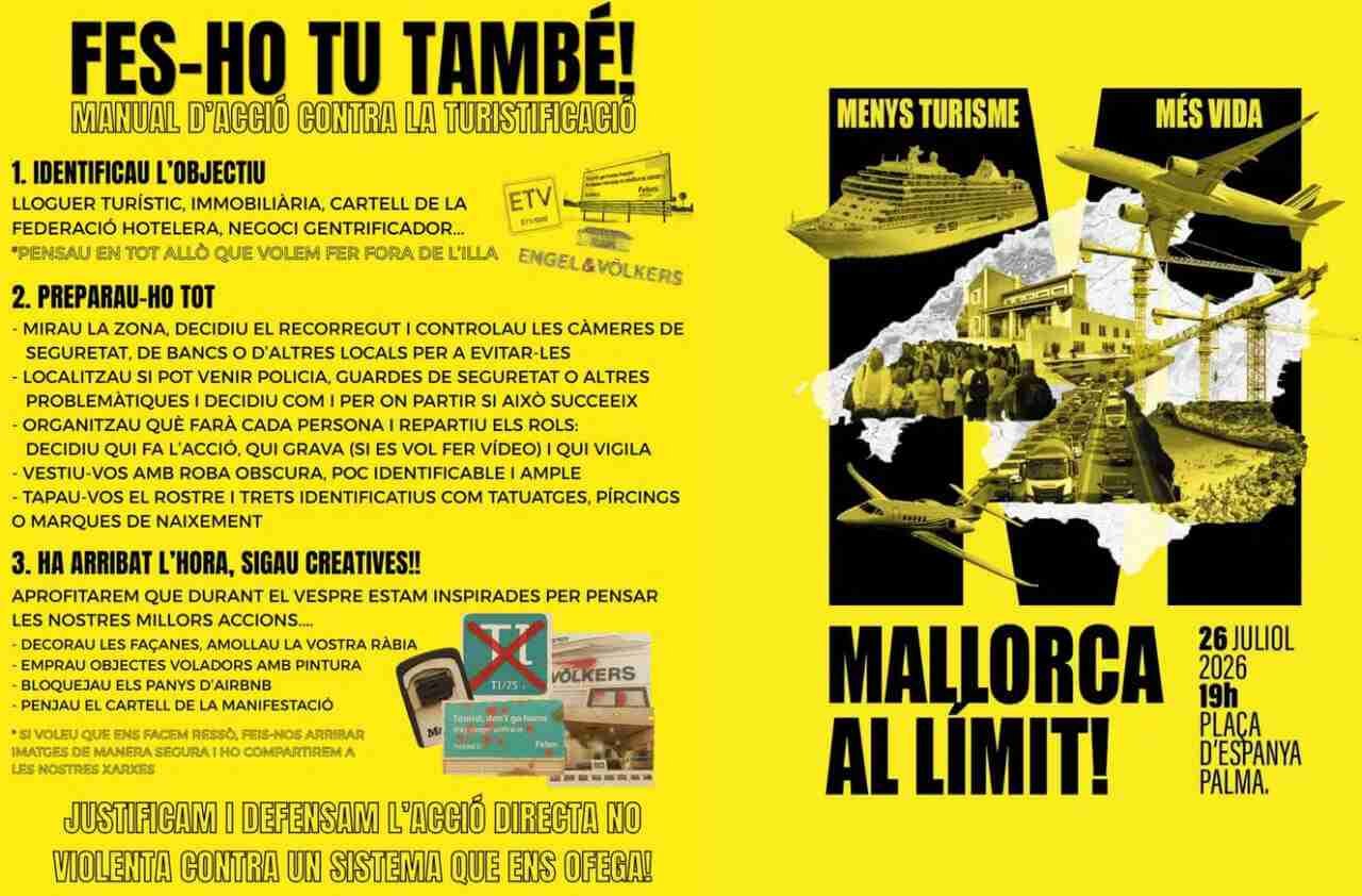 Cartel propagandístico de color amarillo titulado 'Fes-ho tu també!' que detalla un manual de acción con pautas para sabotajes y la convocatoria de una manifestación