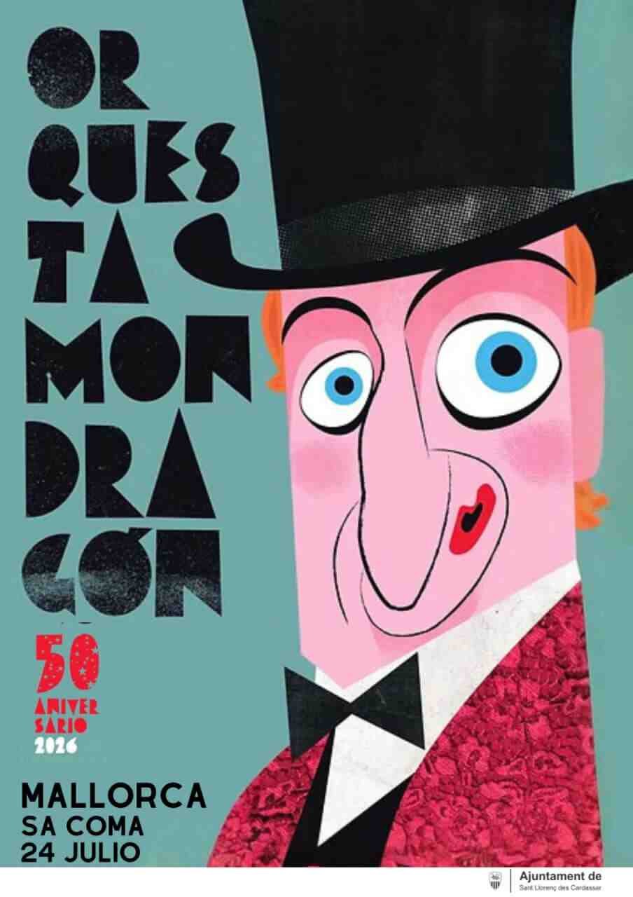 Cartel ilustrado del concierto de la Orquesta Mondragón por su 50 aniversario el 24 de julio en Sa Coma (Sant Llorenç)