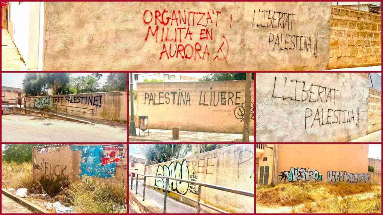 Composición fotográfica de varias pintadas y grafitis en fachadas y muros del municipio de Santa María del Camí