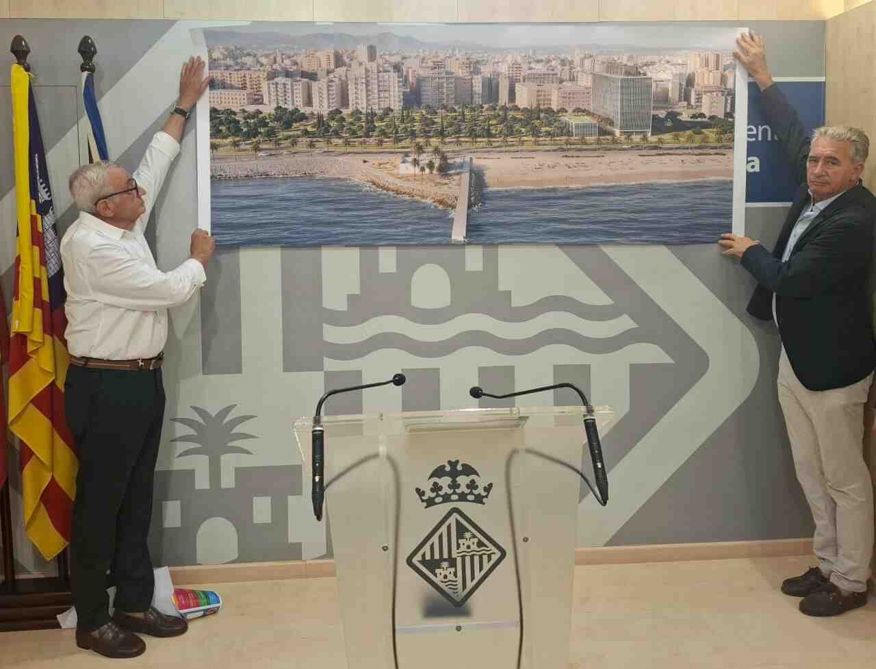 Fulgencio Coll y un miembro de VOX sostienen una gran infografía del proyecto para el edificio de GESA en Palma