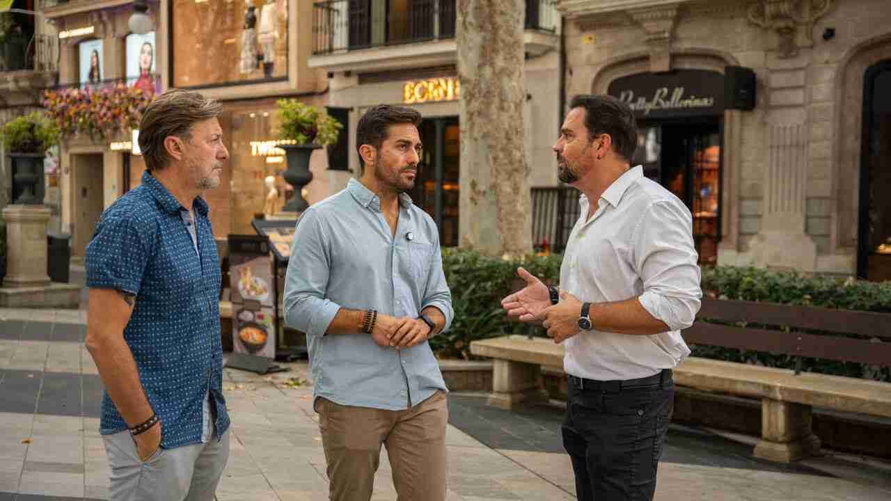 Foto de grupo con tres miembros de Coalició per Mallorca conversando en una zona peatonal urbana