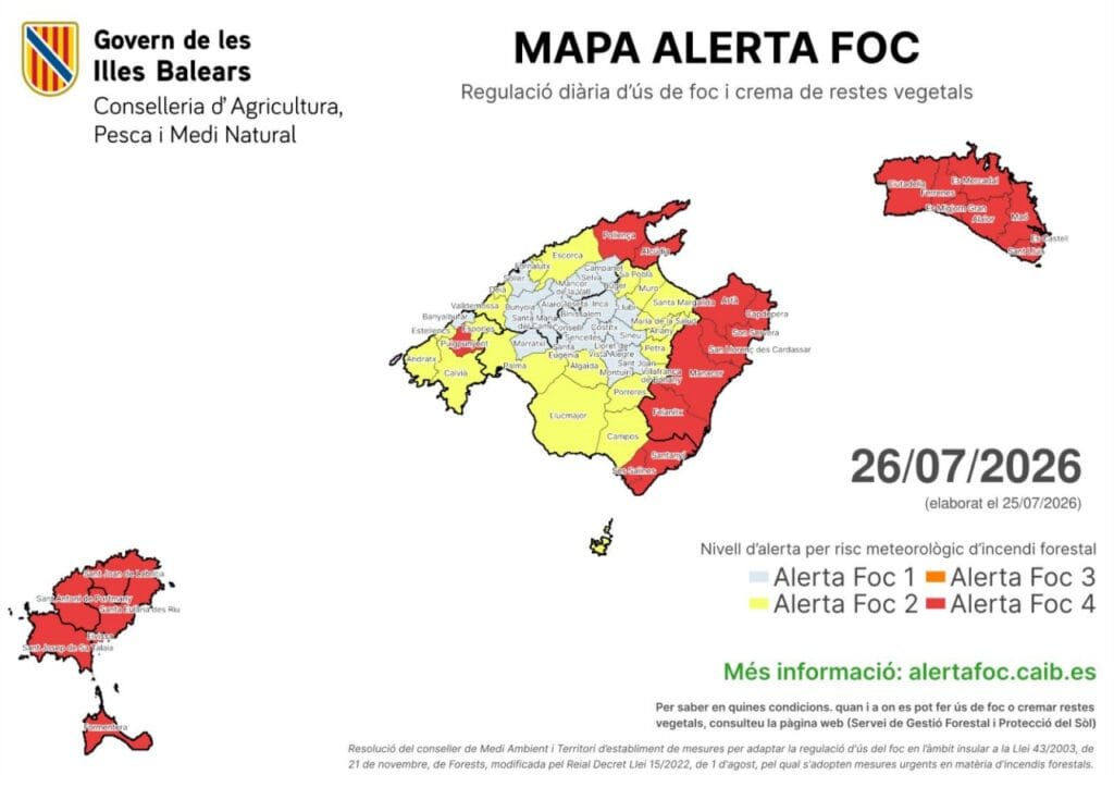 Mapa oficial del Govern Balear indicando las zonas en riesgo rojo por alerta de fuego en Mallorca