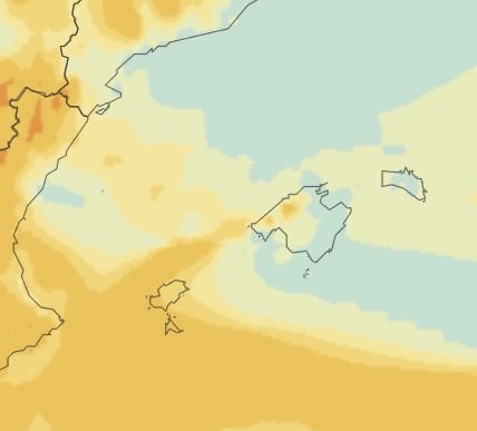 Mapa meteorológico de la cuenca mediterránea mostrando la lengua de calima sobre Baleares