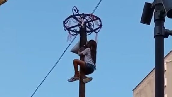 Una niña de 10 años abraza la parte superior de un poste de madera engrasado, alcanzando el premio durante las fiestas en Manacor