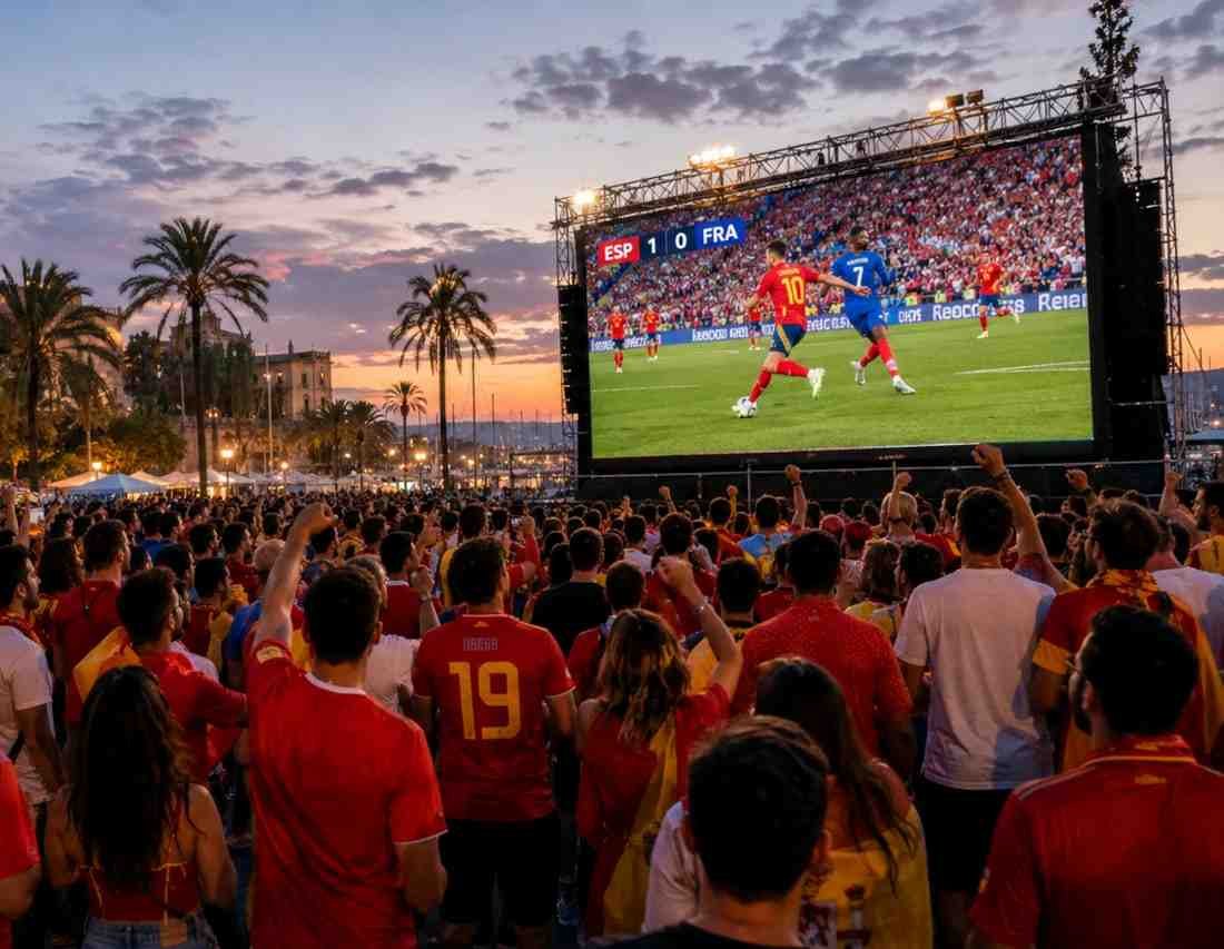 Centenares de aficionados concentrados en Palma frente a una pantalla gigante al atardecer, disfrutando de la victoria de España contra Francia