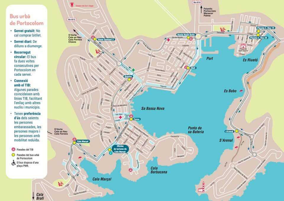 Infografía oficial con el recorrido circular detallado de la ruta del autobús urbano gratuito de Portocolom