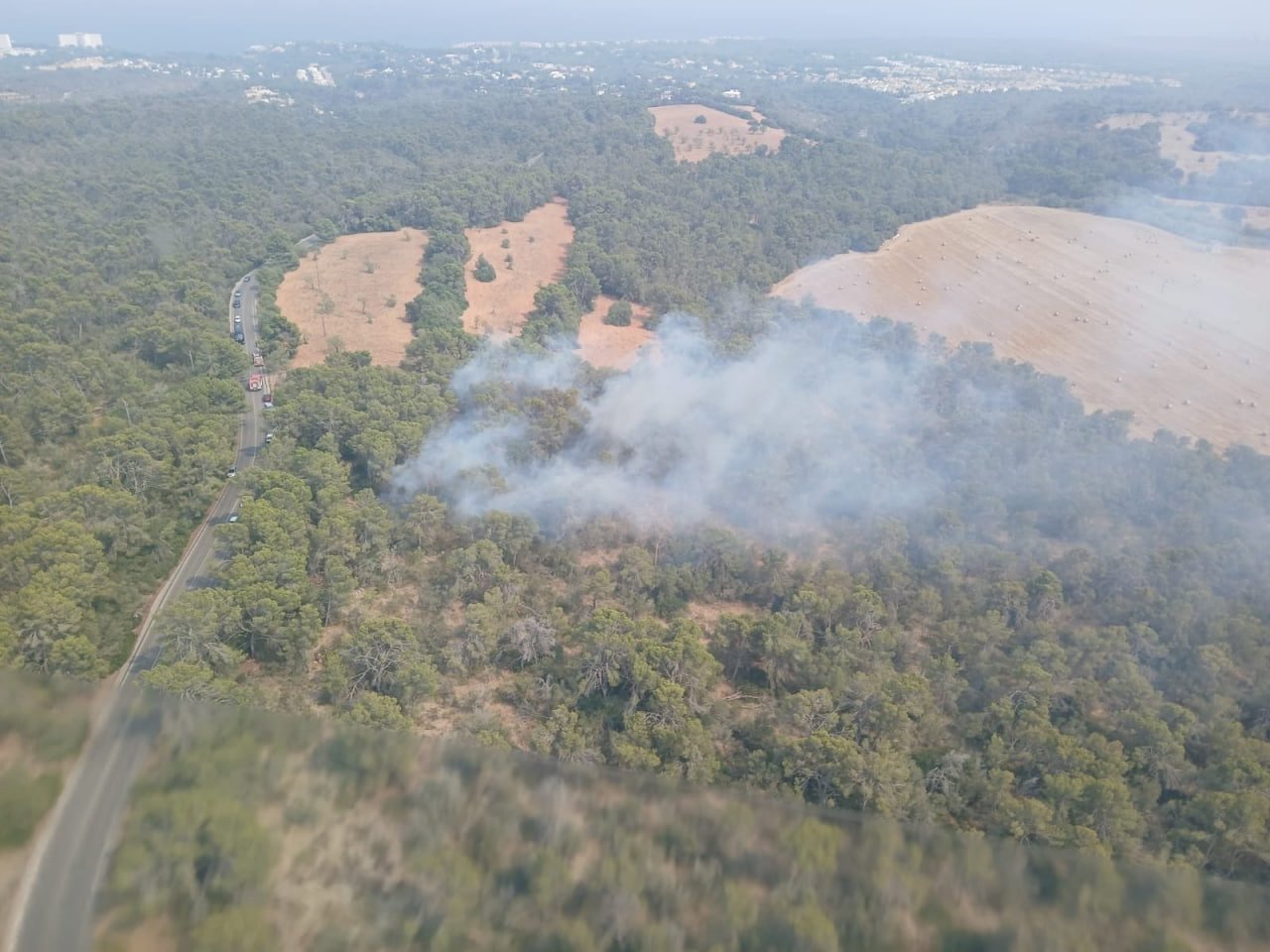Vista aérea desde un helicóptero mostrando una columna de humo en un pinar de Cala Murada junto a la carretera