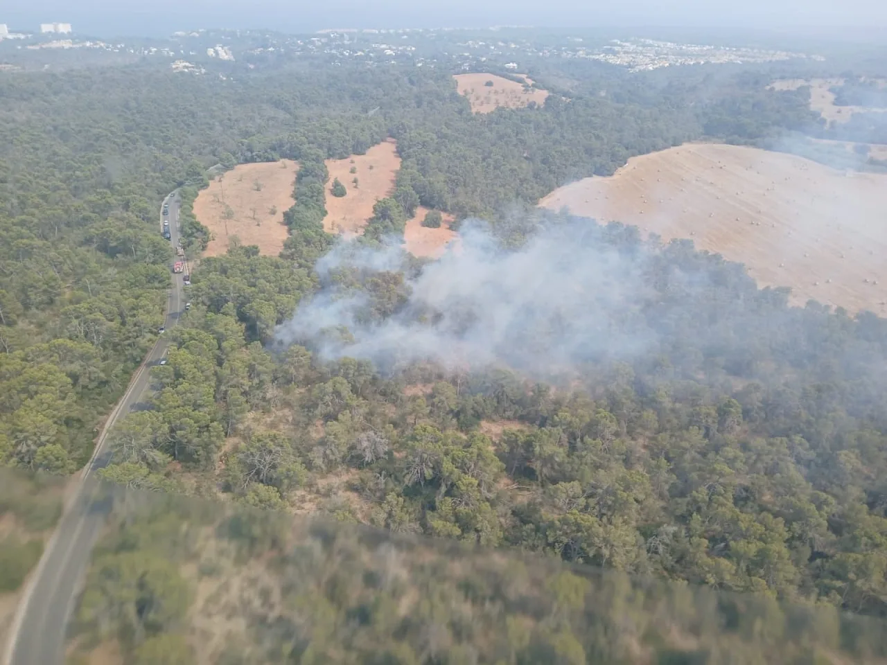 Vista aérea desde un helicóptero mostrando una columna de humo en un pinar de Cala Murada junto a la carretera