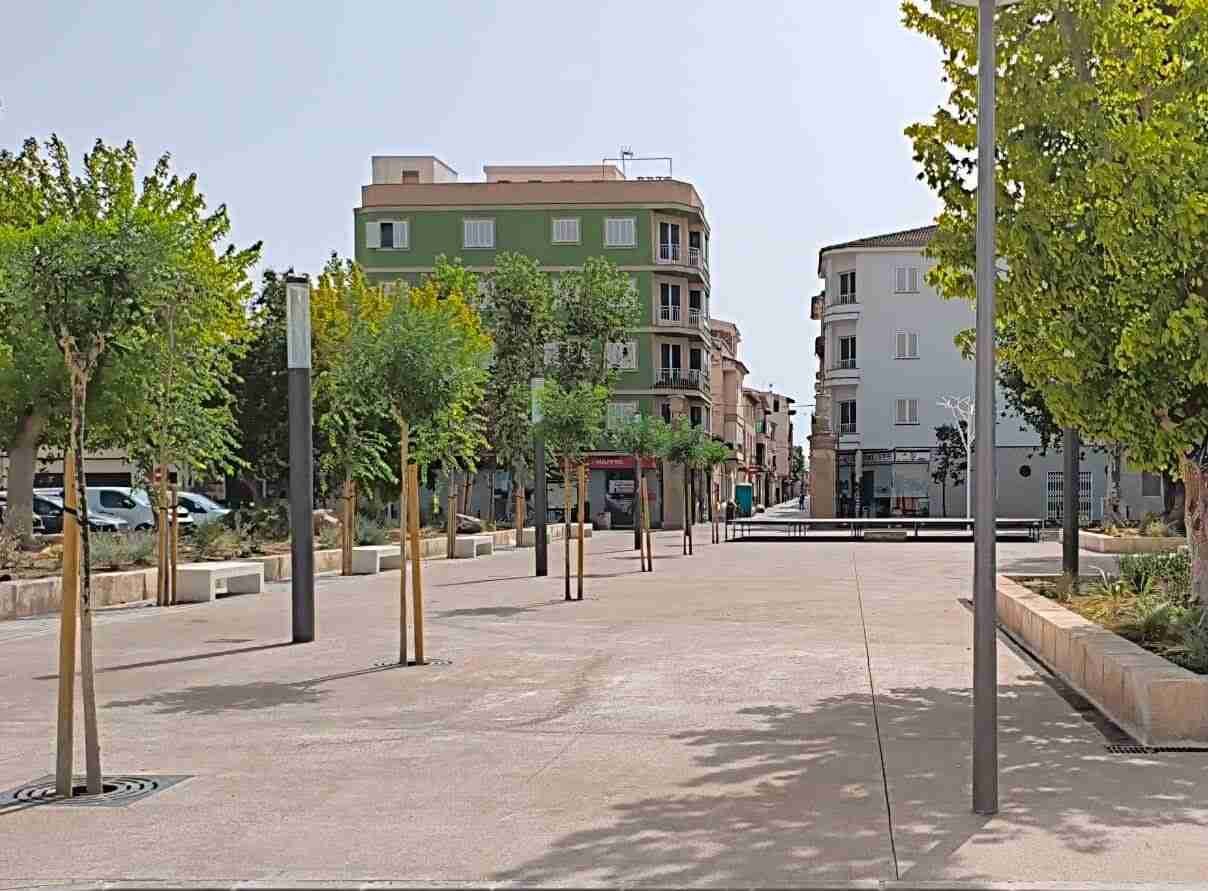 Plaza urbana en Sa Pobla con árboles jóvenes recién plantados y bancadas sin sombra