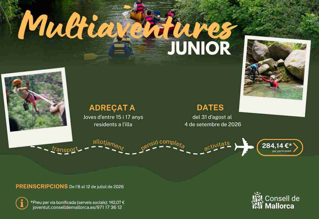 Cartel oficial del Consell de Mallorca promocionando el programa Multiaventures Junior 2026 a Cantabria con detalles de precios y fechas