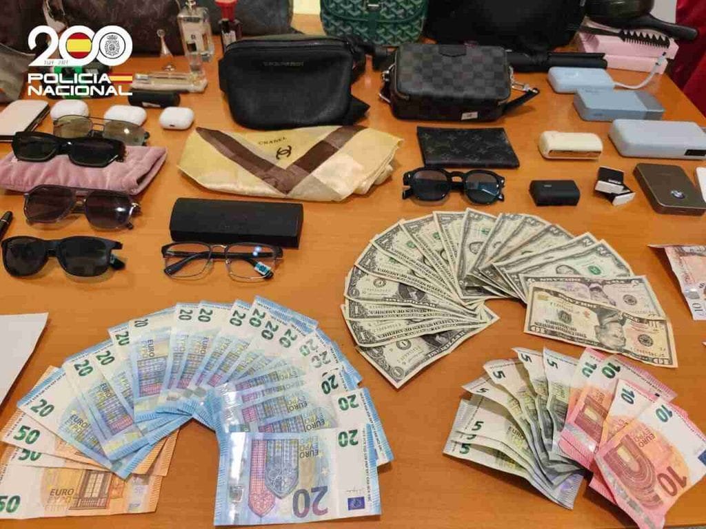 Billetes de euro y dólar junto a bolsos de marca y gafas incautadas a carteristas en Palma