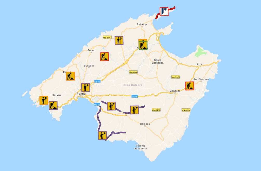 Mapa interactivo de Mallorca con iconos de alertas de tráfico y obras en la red viaria