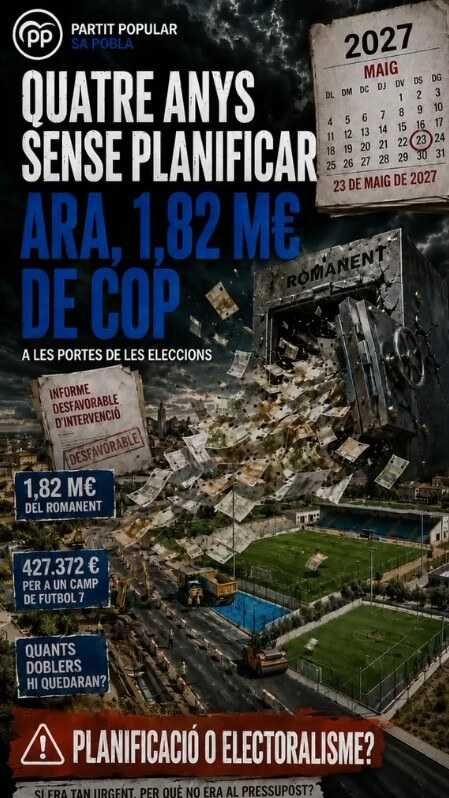 Infografía del Partido Popular de Sa Pobla denunciando la inversión de 1,82 millones de euros a las puertas de las elecciones de mayo de 2027
