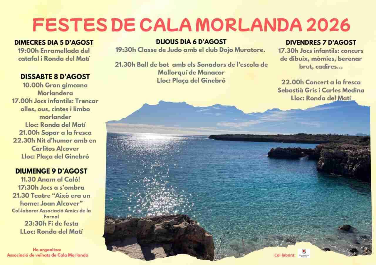 Cartel del programa de actos de las Fiestas de Cala Morlanda 2026 sobre un fondo con la costa de la cala