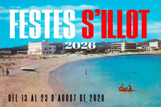 Cartel anunciador de las Fiestas de Verano 2026 de S'Illot con una postal antigua de la playa