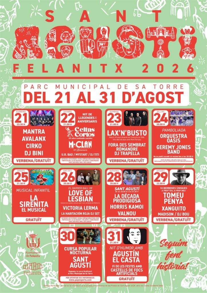 Cartel completo de las actuaciones y conciertos de las Fiestas de Sant Agustí 2026 en el Parc de Sa Torre de Felanitx