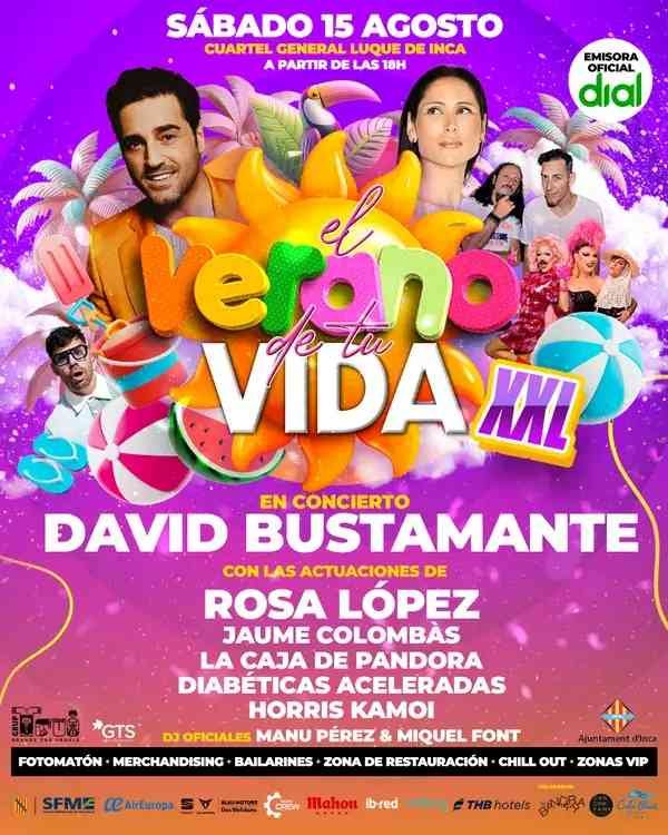 Cartel promocional del festival El Verano de tu Vida en el cuartel General Luque de Inca con David Bustamante y Rosa López