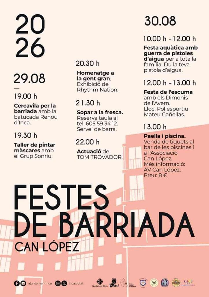 Cartel rosa con la programación de actividades y horarios de las fiestas de Can López