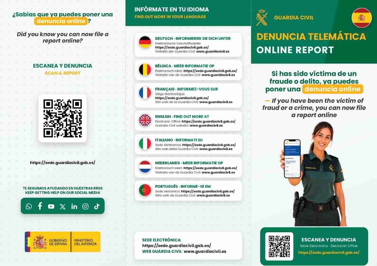 Cartel explicativo de la Guardia Civil para la presentación de denuncias online en seis idiomas