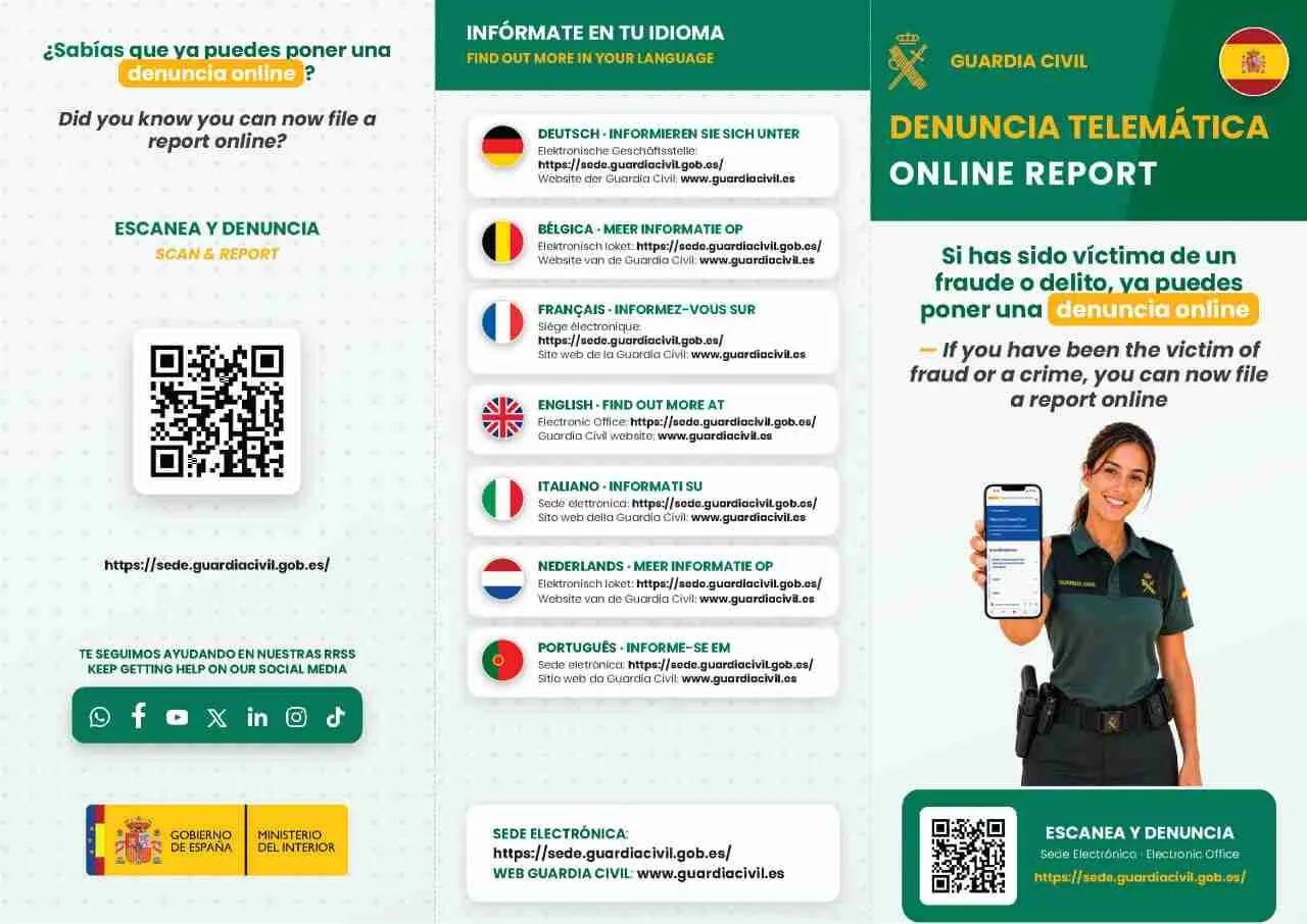 Cartel explicativo de la Guardia Civil para la presentación de denuncias online en seis idiomas