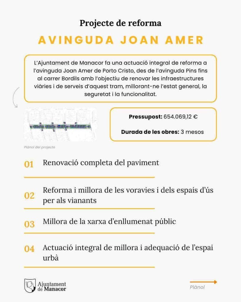 Infografía y plano con los detalles técnicos de las obras en la avenida Joan Amer de Porto Cristo