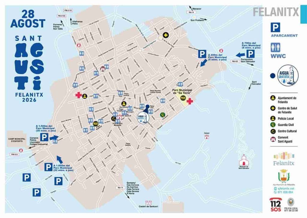 Plano del casco urbano de Felanitx con zonas de aparcamiento y puntos de interés para Sant Agustí