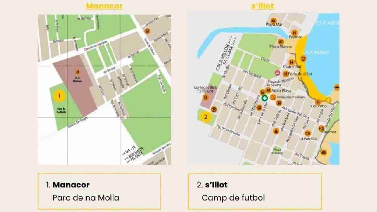 Mapas con las ubicaciones del Parc de na Molla en Manacor y el campo de fútbol de s'Illot para ver el eclipse