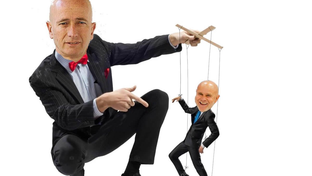 Montaje satírico de Antoni Pastor manejando los hilos de una marioneta con la cara de Jaume Mut