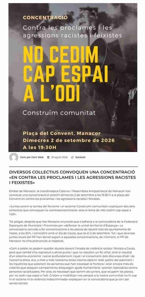 Captura de pantalla de la noticia del medio radical separatista Cent per Cent atribuyendo la protesta a tres colectivos