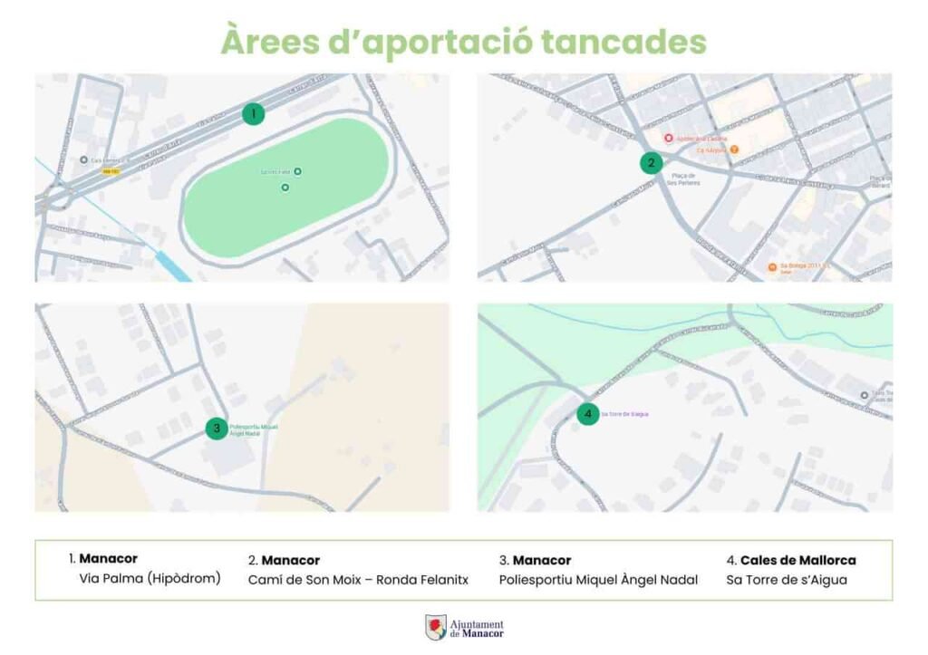 Mapa con la localización de las cuatro nuevas áreas de residuos en Manacor