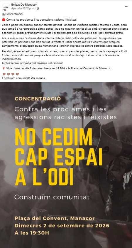 Captura de pantalla de la publicación de Facebook de Embat de Manacor convocando a la protesta