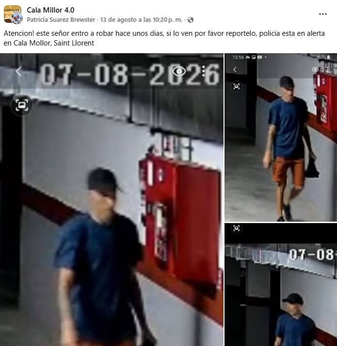 Captura de la alerta en redes sociales con imágenes de seguridad del sospechoso cometiendo robos el 7 de agosto