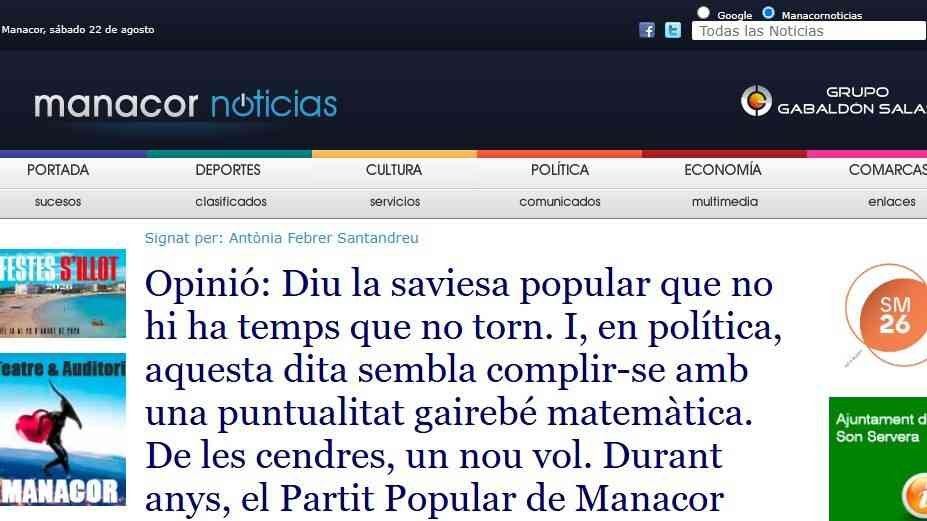 Captura de la portada de Manacor Noticias con el artículo de opinión de Antònia Febrer