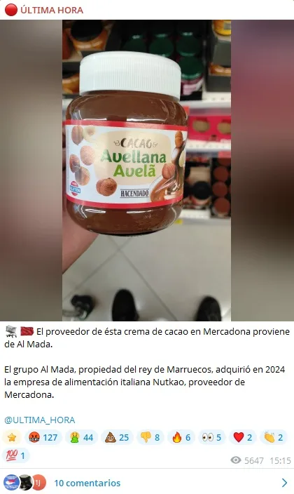 Captura del mensaje en Telegram de Última Hora sobre la crema de cacao de Mercadona y Al Mada