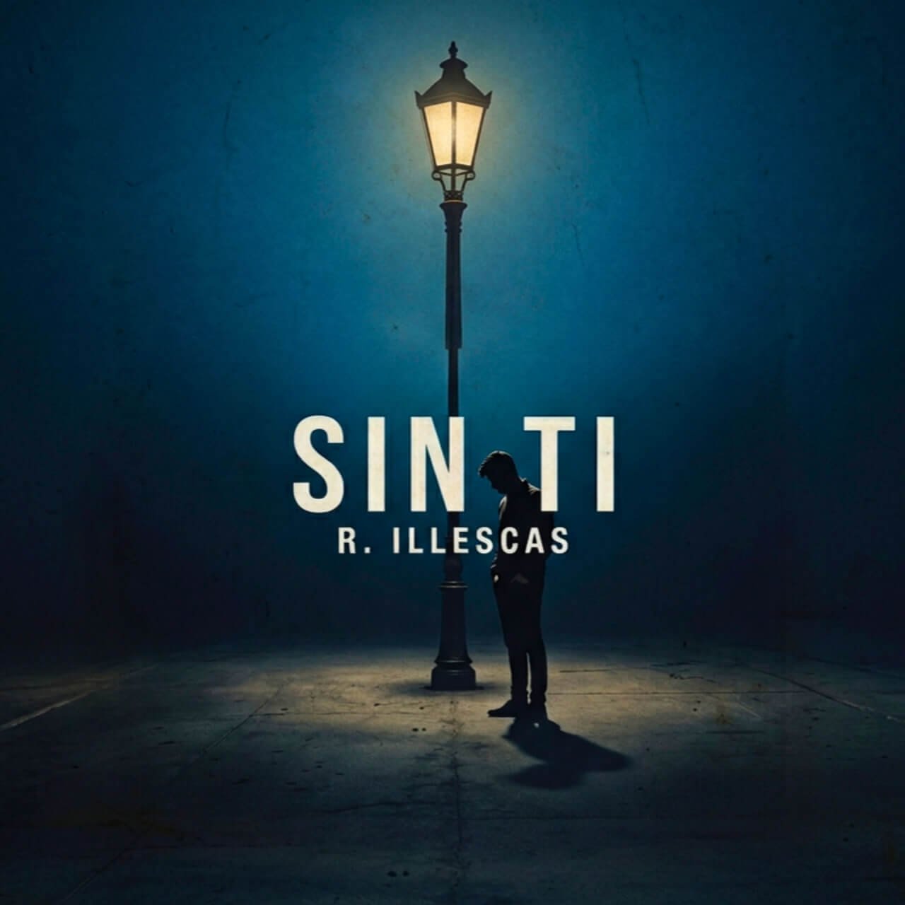 Carátula del tema musical Sin Ti de R. Illescas con una farola encendida de noche