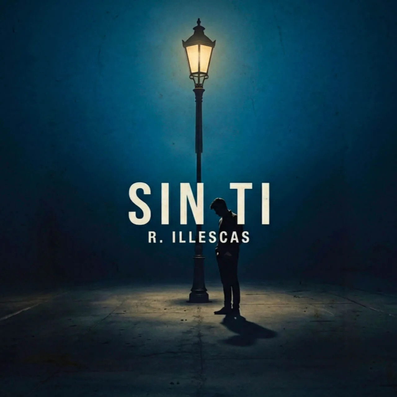 Carátula del tema musical Sin Ti de R. Illescas con una farola encendida de noche