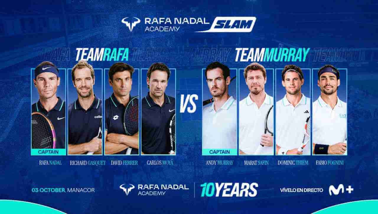 Cartel del Rafa Nadal Academy Slam con los ocho tenistas del Team Rafa frente al Team Murray