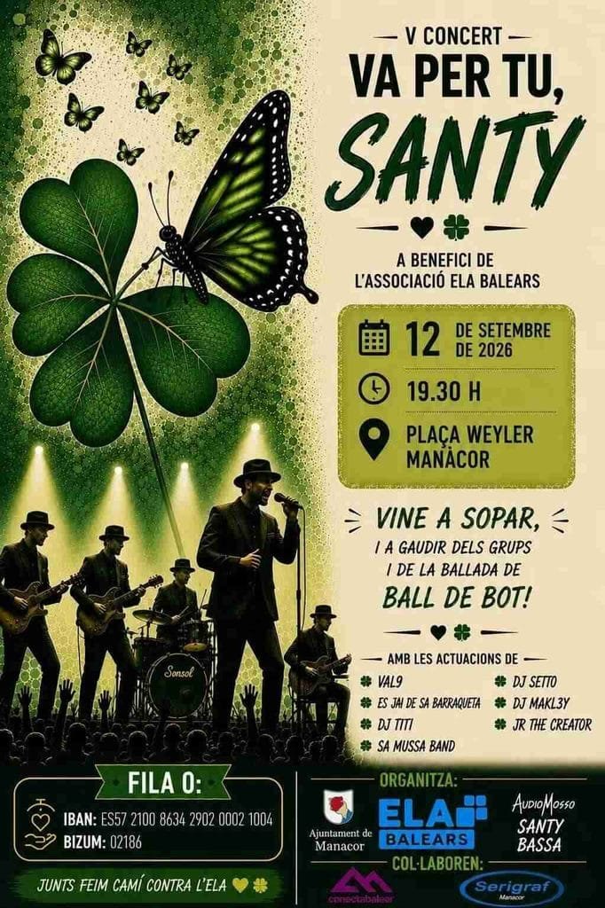 Cartel del V Concierto Va per tu Santy en Manacor a beneficio de ELA Balears