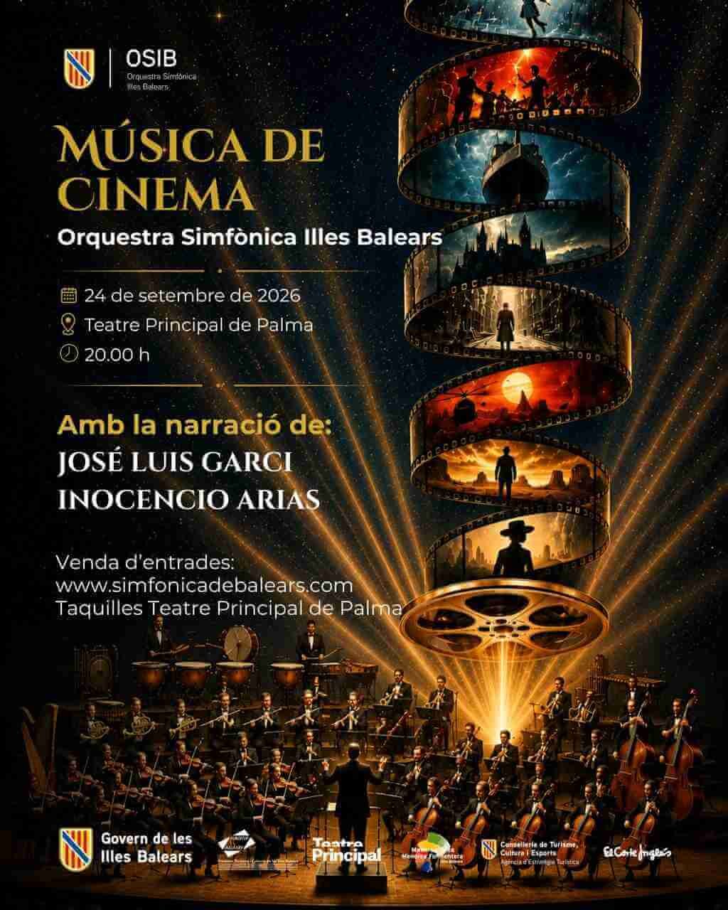 Cartel del concierto Música de Cinema con la Orquesta Sinfónica Illes Balears y fotogramas clásicos