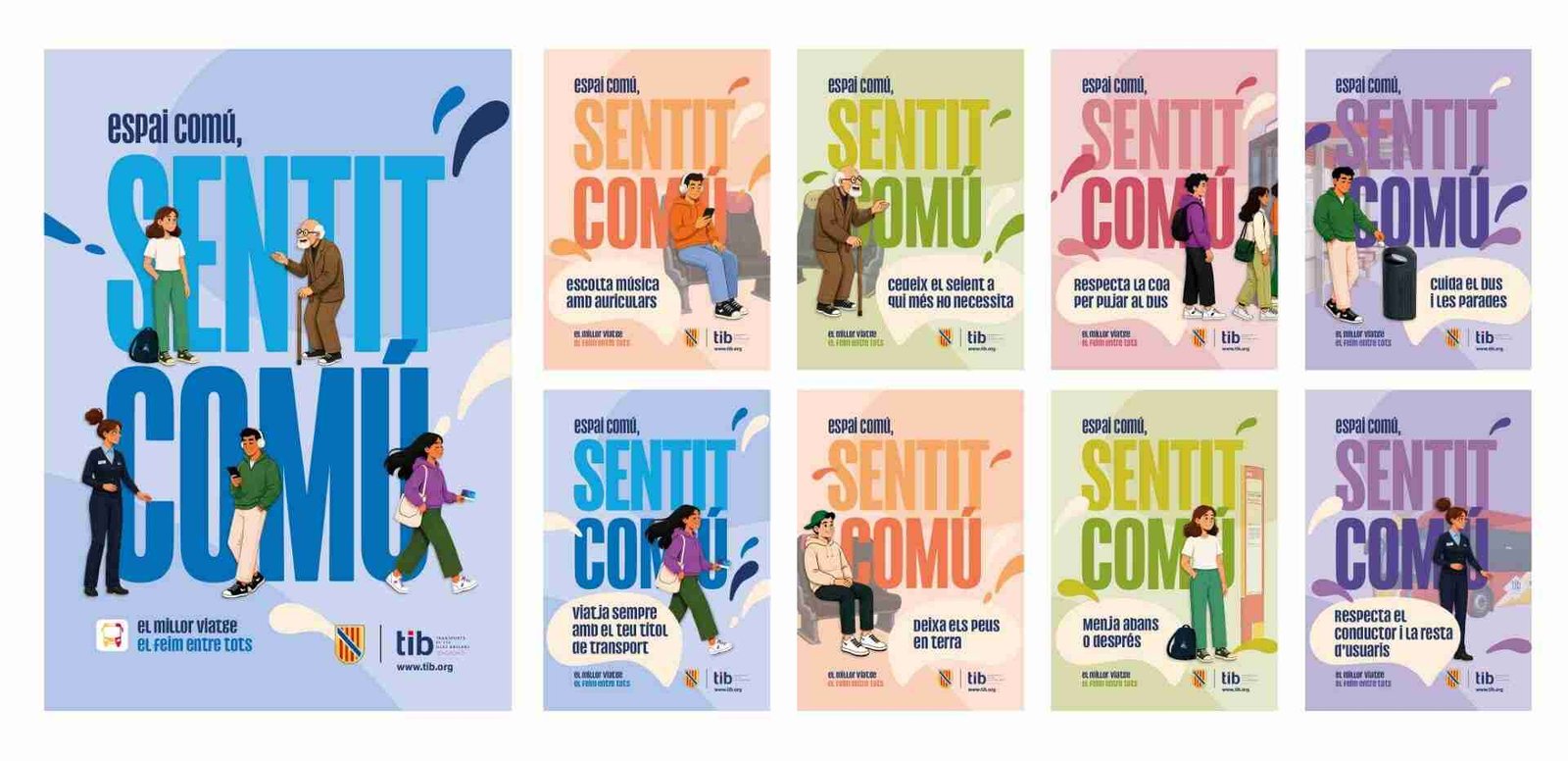 Carteles ilustrados de la campaña publicitaria del TIB sobre normas de civismo en el transporte público