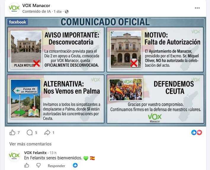 Publicación oficial de desconvocatoria de VOX Manacor y comentario de VOX Felanitx