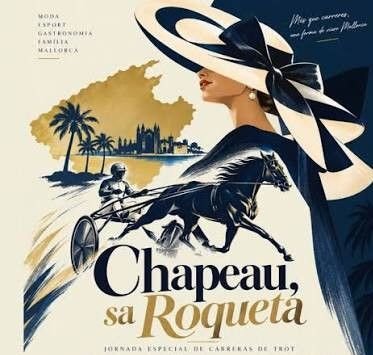 Ilustración promocional de la jornada Chapeau sa Roqueta con una mujer con pamela y una carrera de trote con la Catedral de Palma al fondo
