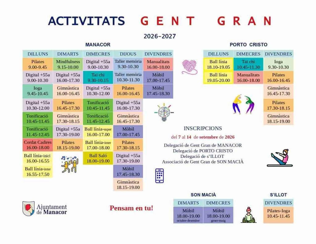 Cuadro de horarios y actividades para personas mayores en Manacor Porto Cristo Son Macia y sIllot