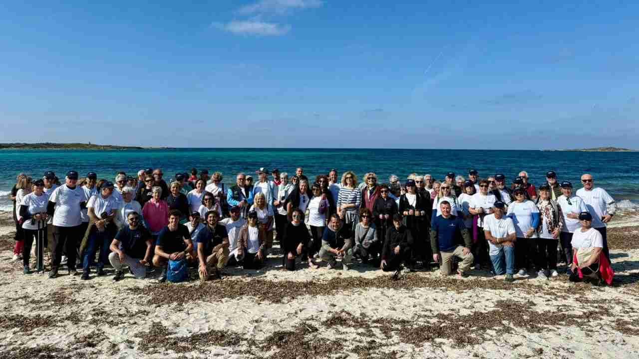 Grupo numeroso de personas mayores posando en una playa de Mallorca durante las estancias organizadas por el Consell