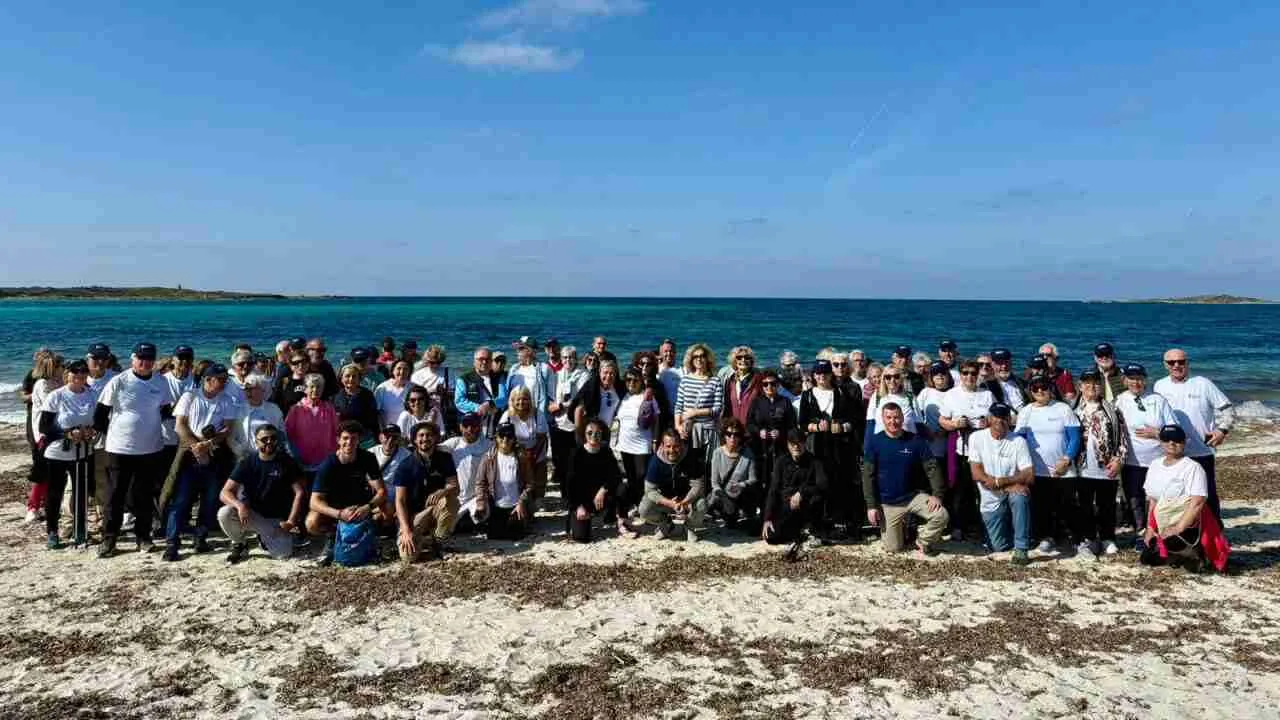 Grupo numeroso de personas mayores posando en una playa de Mallorca durante las estancias organizadas por el Consell