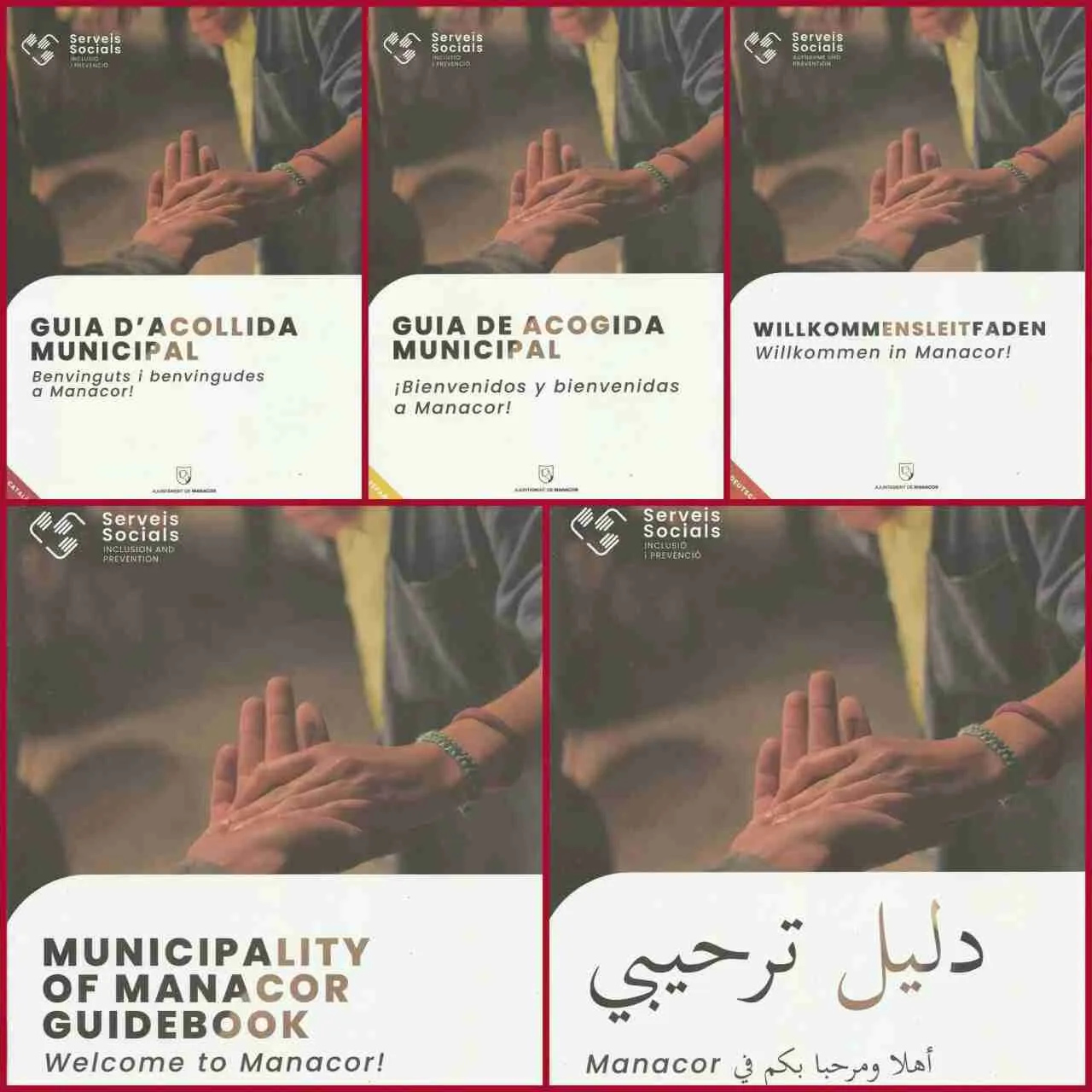 Composición con las portadas de la guía de acogida municipal de Manacor en catalán, castellano, alemán, inglés y árabe
