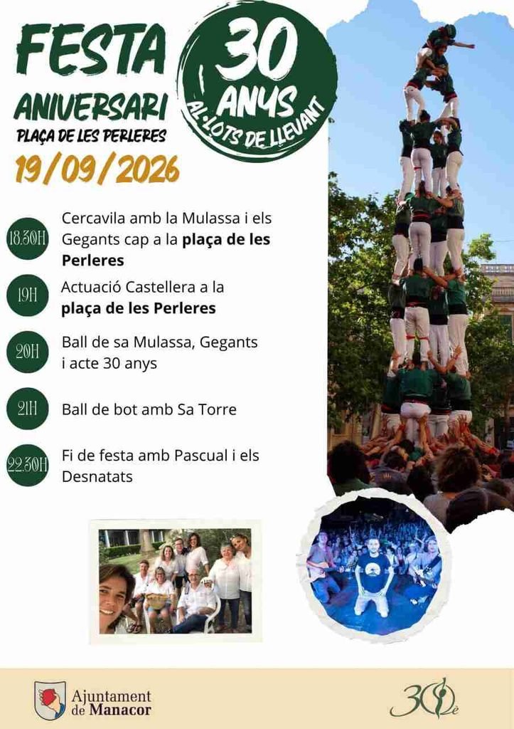 Cartel con el programa y horarios de la fiesta del 30 aniversario de Allots de Llevant en la plaza de les Perleres