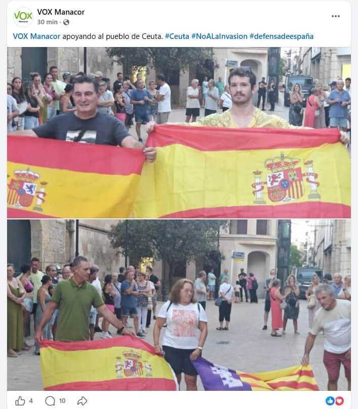 Captura de la publicación en Facebook de VOX Manacor con fotografías de los asistentes portando banderas de España