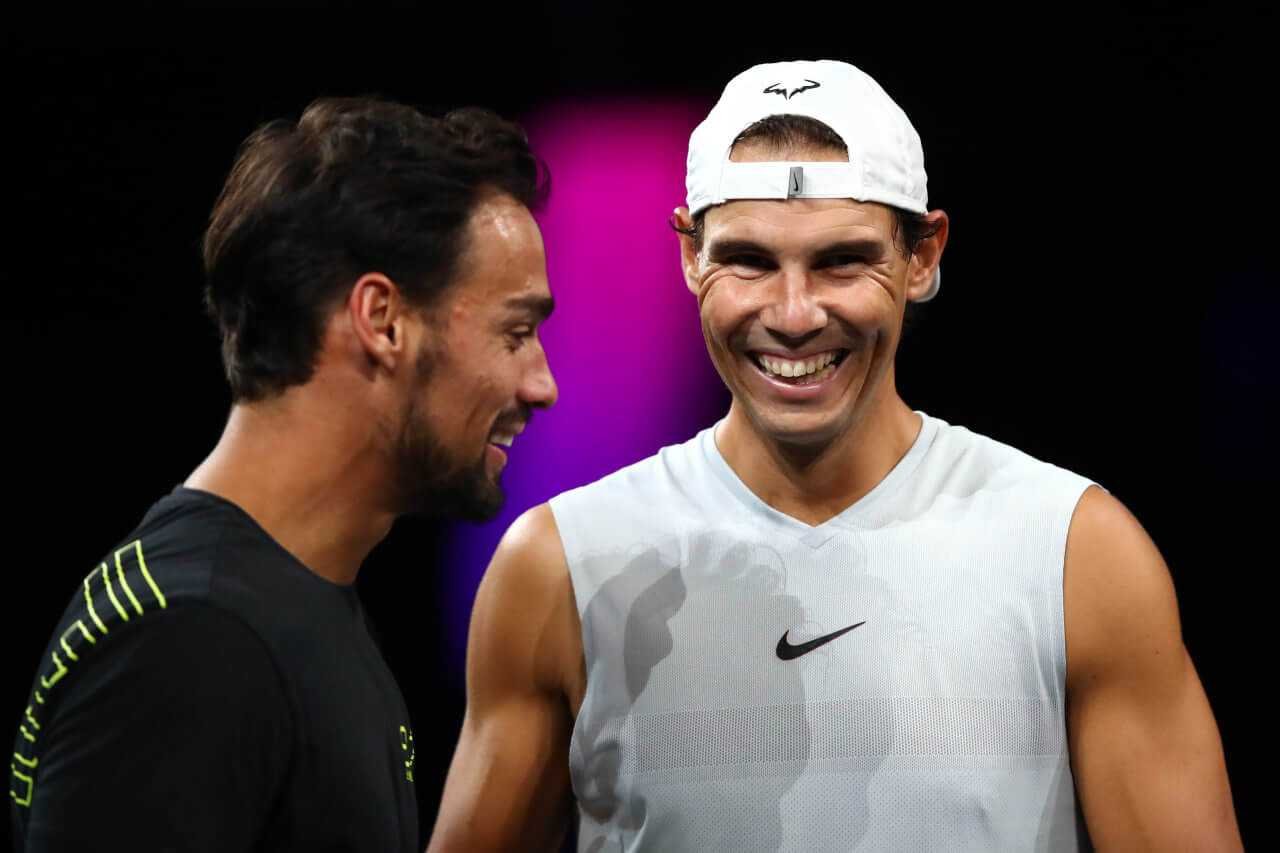 Rafa Nadal y Fabio Fognini conversando y sonriendo durante la Laver Cup 2019