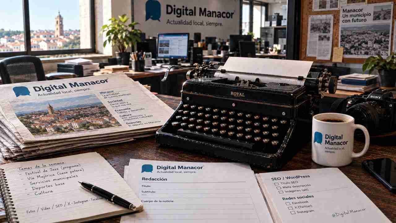 Mesa de la redacción de Digital Manacor con máquina de escribir, taza corporativa y documentos de trabajo